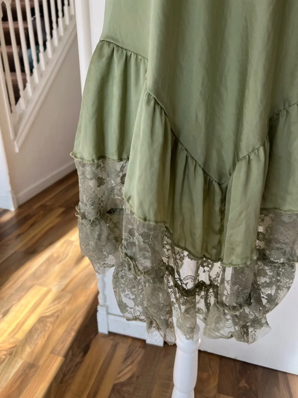 Sage Olive Green Lace-Hem V Drop Waist Mini Dress - Picture 3 of 13